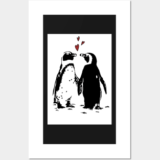 Penguins in Love Black and White Linoprint Posters and Art